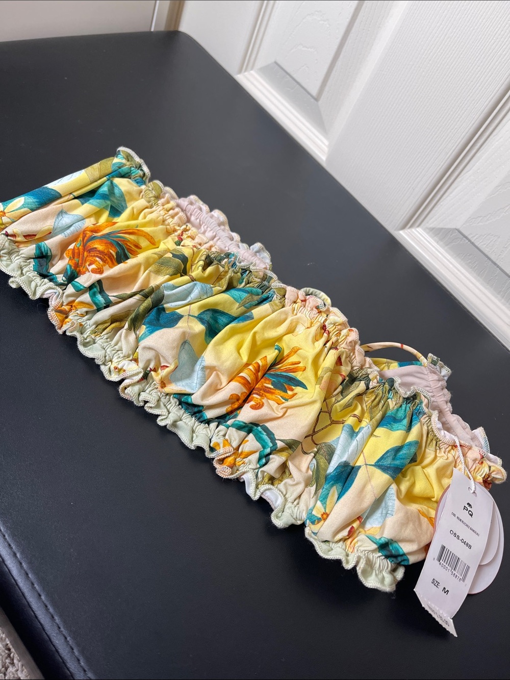 PQ Swim Yellow Floral Ruched Bikini Top with Teal Accents